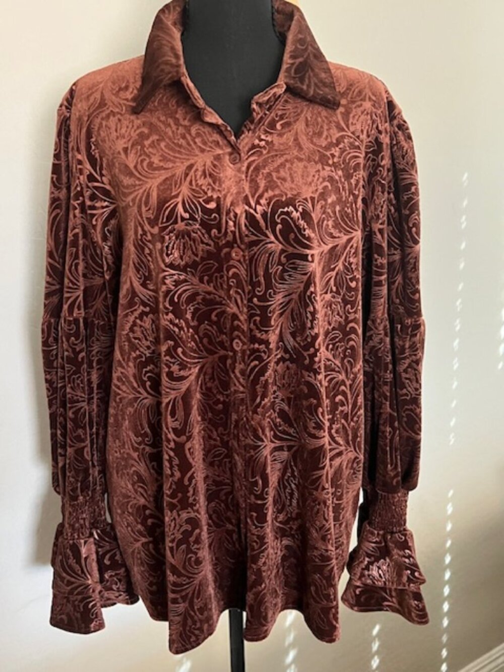 CherryBetty Vintage Floral Print Lantern Sleeve Velvet Top XL, Brown NWT